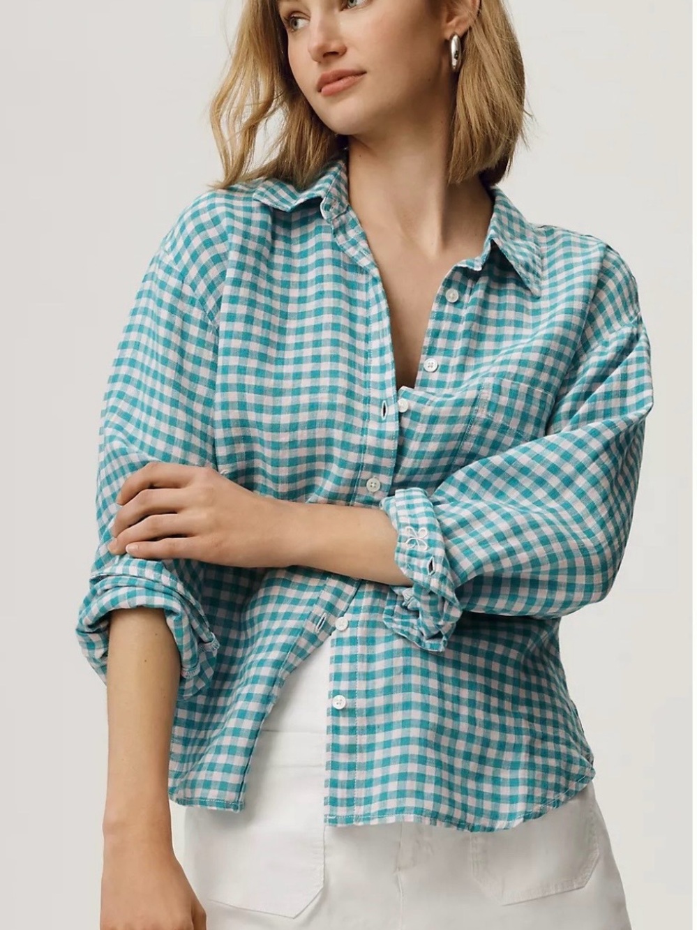 Maeve Linen Teal and White Gingham Button-Down Shirt Women